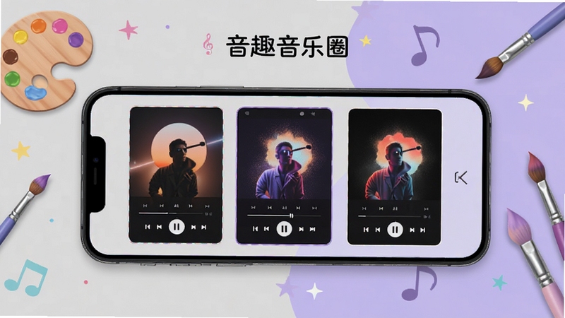 音趣音乐圈播放器皮肤选择界面,手机屏幕呈现多种风格播放器预览小图,背景为浅灰色与淡紫色拼接,点缀调色盘与画笔元素,整体设计感十足