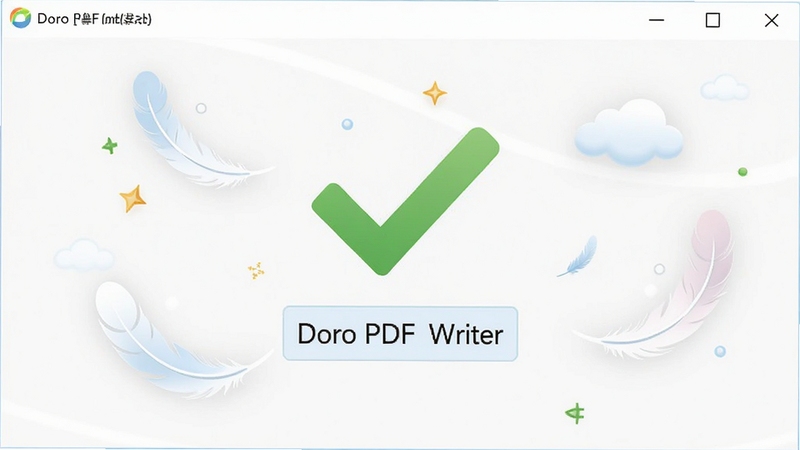 Doro PDF Writer 软件安装完成界面示意图,画面中心是绿色对勾图标与轻量级标签,周围有羽毛、云朵等轻盈元素,背景为纯白色极简风格,传达干净无广告的产品理念,适配Boogu模型生成