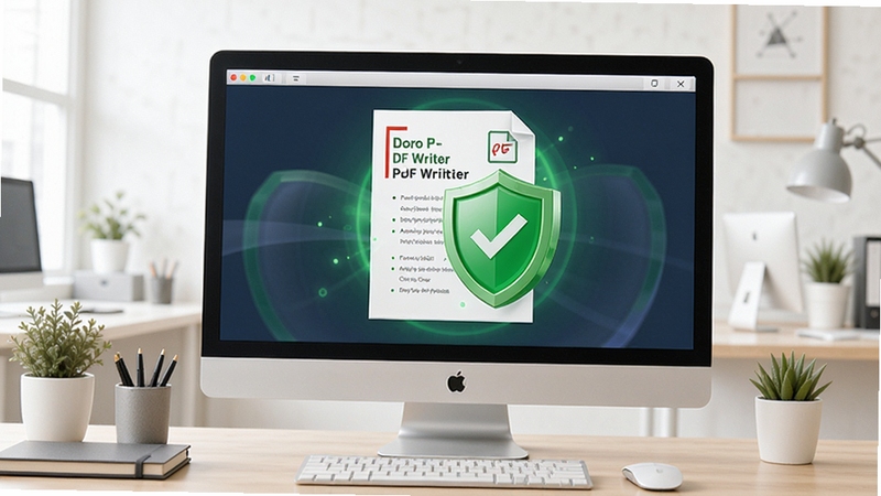 Doro PDF Writer 安全使用示意图,画面展示电脑屏幕中PDF文件被绿色安全盾牌环绕,背景为明亮的办公环境,桌面整洁,适配Boogu模型生成
