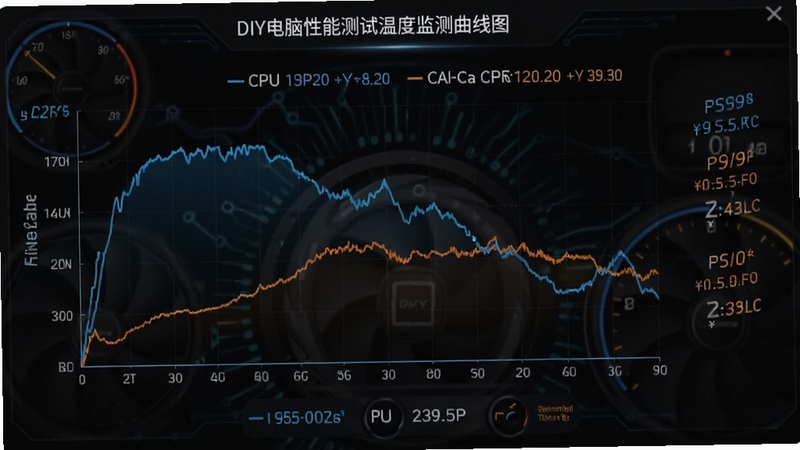 DIY电脑性能测试温度监测曲线图,画面展示CPU与显卡温度随时间变化的折线图,背景为深色仪表盘风格,曲线颜色分别为蓝色与橙色,旁边有温度数值与风扇转速标识,整体科技感强
