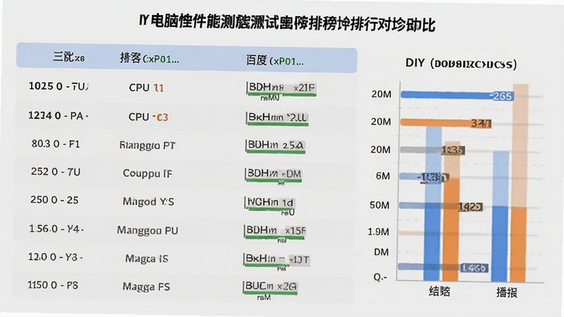 DIY电脑性能测试硬件排行榜对比界面,画面中央为列表形式展示不同型号CPU与显卡的跑分排名,右侧有对比柱状图,背景为浅灰色简洁风格,文字清晰,整体布局规整