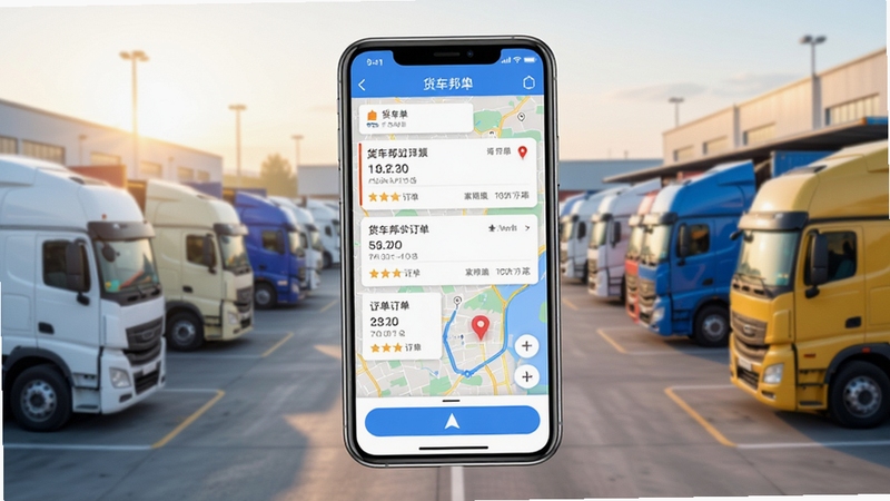 货车邦司机应用主界面全景展示,画面中央为手机屏幕呈现货源列表与地图导航区域,背景为清晨物流园区停车场,多辆货车整齐停放,整体色调明亮清爽,突出货运接单场景,画面细节包含手机界面上的订单卡片与导航按钮,风格写实扁平化