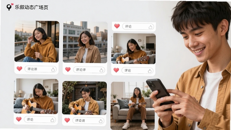 乐叙动态广场页面,画面中多张用户生活照片以瀑布流形式排列,每张卡片下方有爱心点赞按钮与评论输入框,背景为浅灰色,画面右侧有一位年轻人正在微笑浏览手机,整体色调明亮温暖