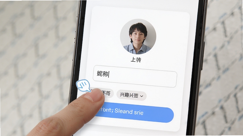 乐叙个人主页编辑页面,手机屏幕显示头像上传区域、昵称输入框与兴趣标签选择按钮,背景为白色卡片式布局,画面左侧有手指点击标签的示意动作,整体干净整洁