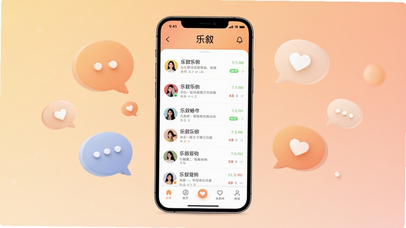 乐叙社交应用主界面展示,画面中央为手机屏幕,屏幕内显示乐叙聊天列表与底部导航栏,背景为柔和的暖色调渐变,周围点缀抽象的对话气泡与爱心图标,整体风格清新简约,突出社交温暖氛围