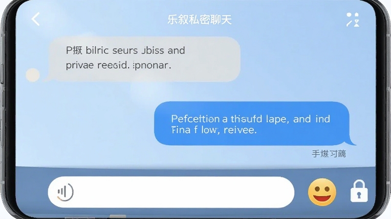 乐叙私密聊天界面,手机屏幕显示两人对话气泡,左侧为灰色气泡右侧为蓝色气泡,底部有语音输入与表情按钮,背景为淡蓝色渐变,画面角落有锁形图标象征隐私保护