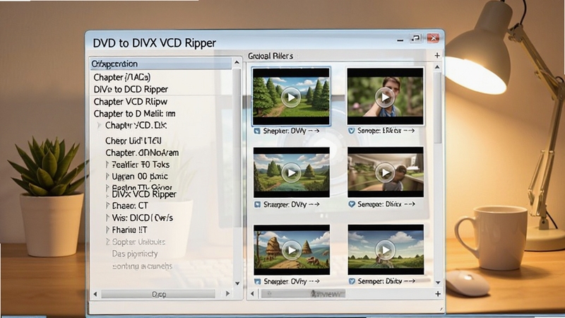 DVD to DIVX VCD Ripper 正在读取DVD光盘目录,界面左侧显示章节列表,右侧展示视频预览缩略图,背景是温馨的桌面环境,画面风格简洁明快