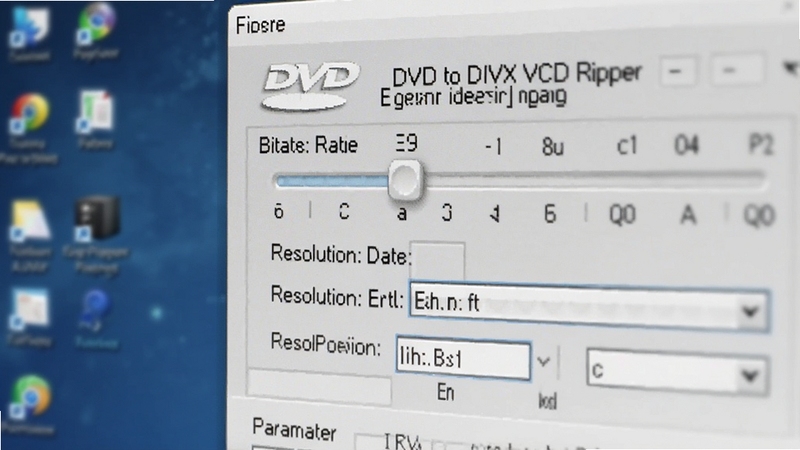 DVD to DIVX VCD Ripper 参数设置面板特写,屏幕显示比特率调节滑块与分辨率下拉菜单,背景是模糊的电脑桌面,画面细节清晰