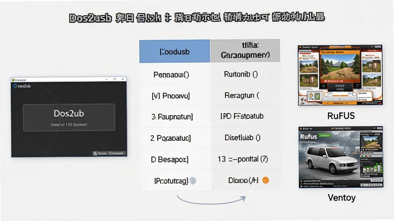 一张展示Dos2usb与其他启动盘工具对比的示意图,画面左侧是Dos2usb的简洁界面,右侧是Rufus和Ventoy的界面缩略图,中间用对比表格形式列出功能差异,背景为浅灰色,整体风格清晰直观,适合下载站配图使用