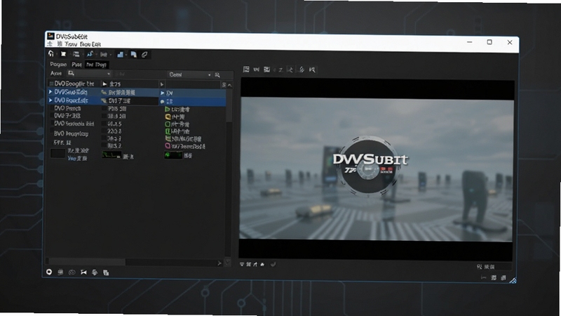 DVDSubEdit 软件主界面,画面主体为软件操作窗口位于画面中央偏左,背景区域为深灰色科技感渐变,窗口内展示DVD字幕轨道列表与预览画面,整体风格简洁专业,适配Boogu模型生成