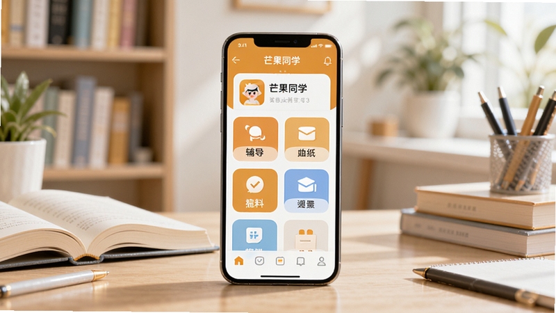软件核心全貌展示,画面中央放置一部智能手机,手机屏幕上显示芒果同学应用主界面,界面包含学习辅导相关功能模块图标,背景为明亮的书房环境,书桌上摆放着课本和文具,整体色调清新温暖,突出学习氛围与科技感,画面主体手机位于正中央,背景区域为柔和虚化的书架与绿植,光线自然均匀,适配Boogu模型生成高清图像