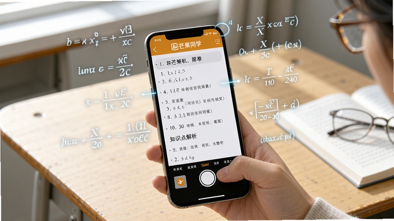 芒果同学智能答疑功能展示,画面中一只手拿着手机拍摄作业题目,手机屏幕上立即显示出解题步骤和知识点解析,周围有数学公式和文字标注漂浮在屏幕上方,背景是简洁的课桌桌面,光线明亮,整体风格现代科技感,突出智能识别与即时反馈的交互过程,软件名称芒果同学出现在屏幕顶部