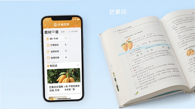 芒果同学同步课程界面,画面展示手机屏幕中显示教材章节列表和知识点卡片,卡片上有清晰的文字标题和配图,手机旁边放着一本翻开的课本,背景为淡蓝色渐变,整体风格简洁清新,突出知识体系的结构化呈现,软件名称芒果同学在界面顶部醒目显示