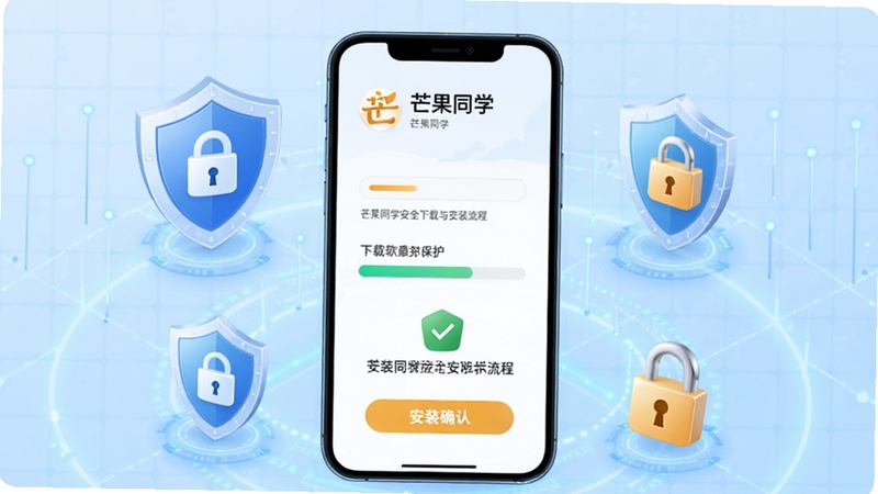 芒果同学安全下载与安装流程示意图,画面展示手机屏幕上显示下载进度条和安装确认界面,周围有盾牌图标和安全锁标志,背景为淡蓝色科技感网格,整体风格简洁专业,突出安全下载与隐私保护主题,软件名称芒果同学在界面中清晰可见