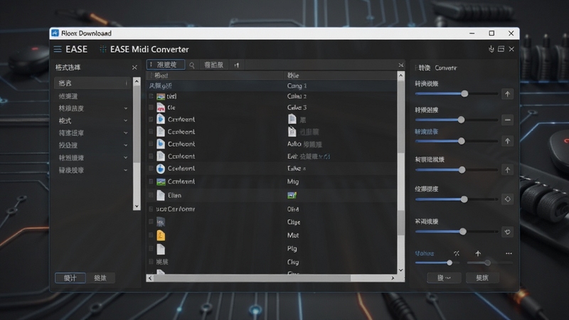 EASE Midi Converter 软件界面展示,主窗口中央是文件列表区域,左侧为格式选择面板,右侧显示转换参数调节滑块,背景为深灰色科技感渐变,整体风格简洁专业,适合软件下载站展示图使用