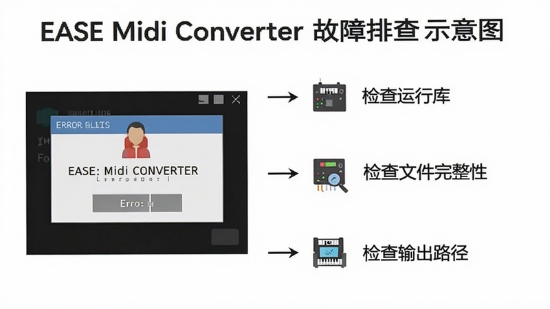 EASE Midi Converter 故障排查示意图,画面左侧显示错误弹窗图标,右侧列出检查运行库、检查文件完整性、检查输出路径三个排查步骤,背景为白色简约风格,适合作为教程插图