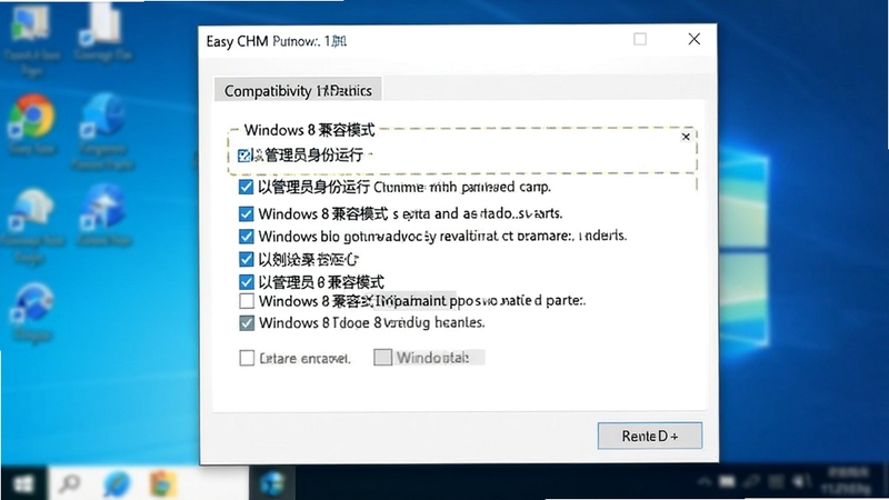 Easy CHM软件在Windows 11系统下的兼容性设置界面截图,画面展示右键属性中的兼容性选项卡,突出“以管理员身份运行”和“Windows 8兼容模式”的勾选状态,背景为模糊的系统桌面,帮助用户解决闪退问题