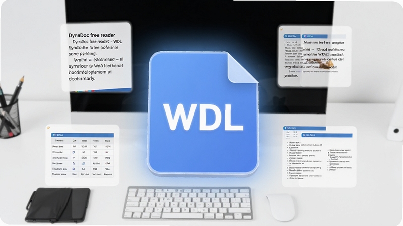 一个放大的WDL文档图标悬浮在屏幕中央,周围环绕着文字段落、表格和图片元素,象征DynaDoc free reader对WDL格式的精准解析,背景为干净的白色工作台,图标带有微光效果,整体呈现科技感与阅读感