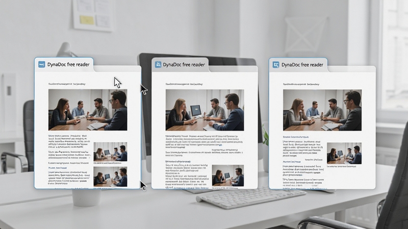 DynaDoc free reader的多标签页界面,三个文档标签并排显示,每个标签下方展示不同的图文内容,鼠标指针悬停在其中一个标签上,背景为淡灰色办公环境,突出便捷切换的体验