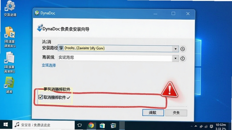 DynaDoc free reader安装向导界面截图示意,画面显示安装路径选择框和“取消捆绑软件”的复选框被高亮标记,旁边有红色警示符号,背景为Windows系统桌面,风格简洁明快