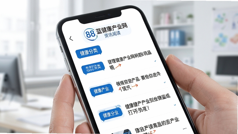 88蓝健康产业网 资讯阅读界面 手机屏幕显示健康产业新闻列表 蓝色标签分类 白色背景 简洁阅读体验 高清渲染