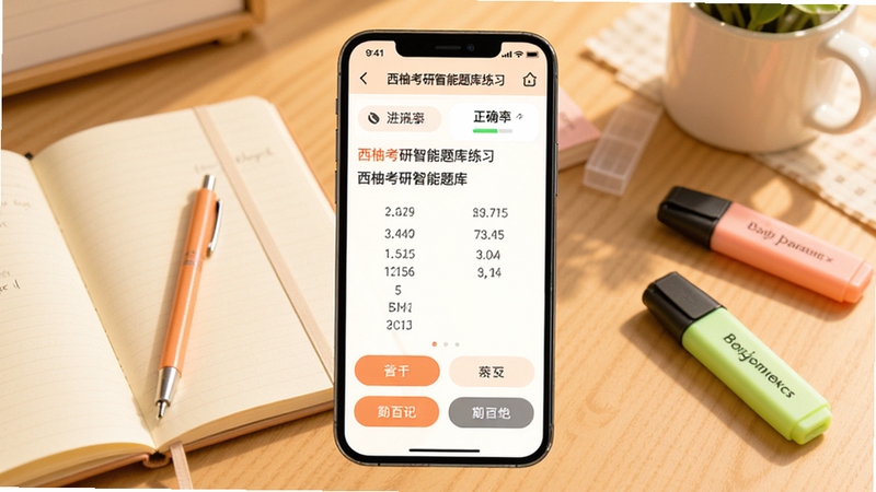 西柚考研智能题库练习界面展示,手机屏幕中央显示一道考研英语选择题,下方有四个选项按钮,屏幕顶部显示答题进度和正确率数据,背景为书桌场景,有笔记本和荧光笔点缀,整体色调温暖明亮,适配Boogu模型生成