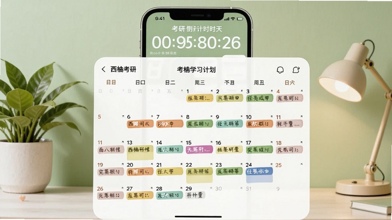 西柚考研学习计划日历界面,手机屏幕显示月历视图,每天格子内有不同颜色标记的任务完成状态,屏幕上方显示考研倒计时天数,背景为浅绿色学习墙面,有绿植和小台灯装饰,风格清新自然,适配Boogu模型生成