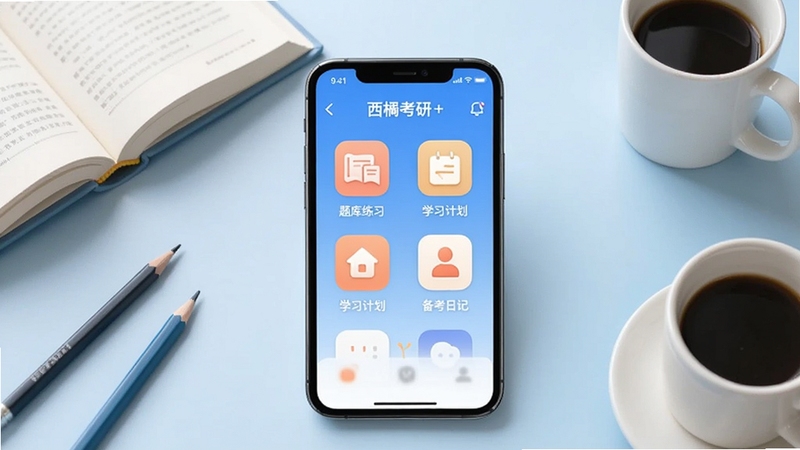 软件核心全貌展示,画面中央放置一部智能手机,屏幕显示西柚考研应用主界面,包含题库练习、学习计划、备考日记等功能入口图标,背景为淡蓝色渐变学习桌面环境,周围点缀书本、铅笔、咖啡杯等学习元素,整体风格清新简约,适配Boogu模型生成