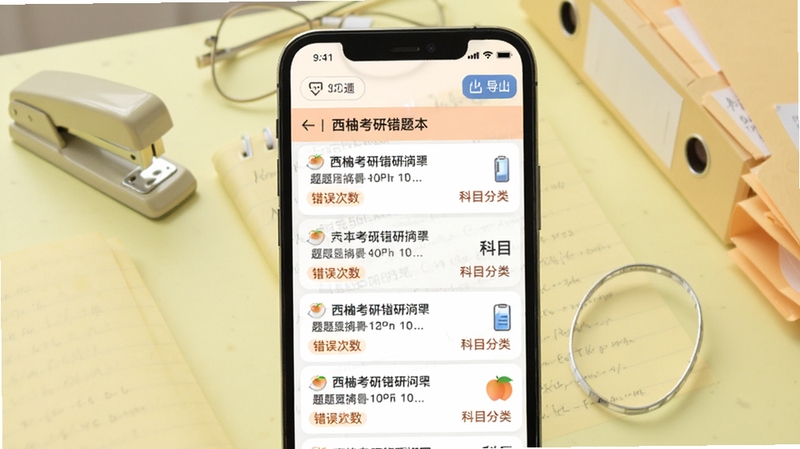 西柚考研错题本列表界面,手机屏幕显示多条错题记录,每条包含题目摘要、错误次数标签和科目分类图标,屏幕顶部有筛选和导出按钮,背景为淡黄色学习桌面,有订书机和文件夹点缀,适配Boogu模型生成