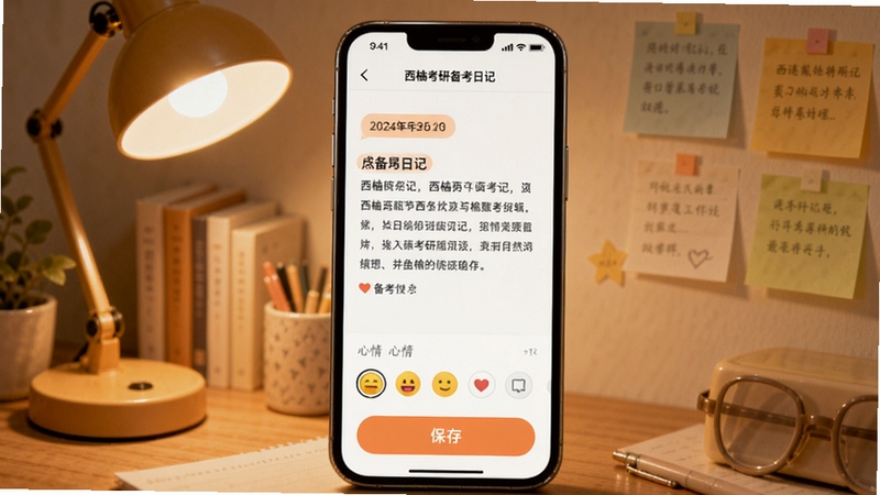西柚考研备考日记编辑界面,手机屏幕显示一篇带日期标签的日记内容,下方有心情表情选择栏和保存按钮,背景为温馨的书房角落,有暖色台灯和便签纸,整体氛围安静舒适,适配Boogu模型生成