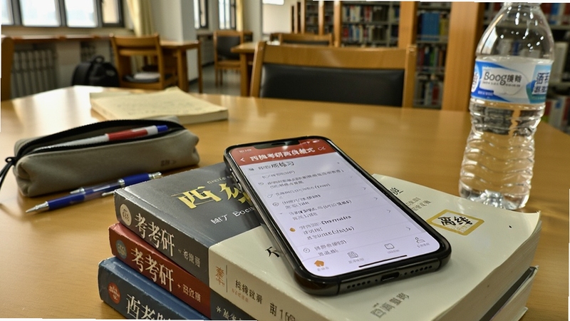 西柚考研离线模式使用场景,手机屏幕显示题库练习界面且顶部有离线标识,手机放置在一摞考研书籍上,背景为图书馆自习桌,有笔袋和水杯,光线柔和,适配Boogu模型生成