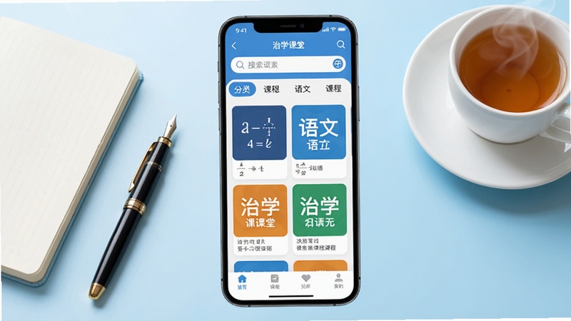 治学课堂软件主界面全貌展示,画面中央放置一部智能手机,手机屏幕显示治学课堂课程列表页面,顶部有搜索栏和分类标签,中部排列数学语文英语等课程封面卡片,底部为导航栏。背景为浅蓝色渐变书桌场景,桌面上摆放笔记本、钢笔和一杯热茶,整体色调清新明亮,适配Boogu模型生成
