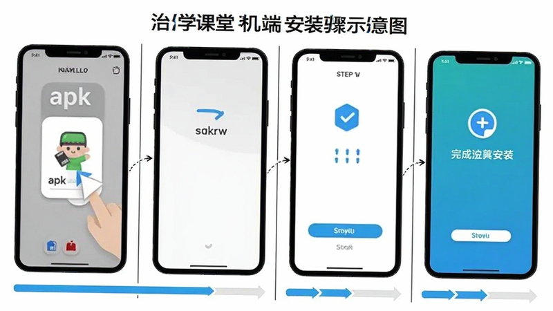 治学课堂手机端安装步骤示意图,画面展示手机屏幕从点击apk安装包到完成安装的四个步骤流程,每个步骤用手机边框分隔,底部有进度条动画,背景为白色简洁风格,适配Boogu模型生成