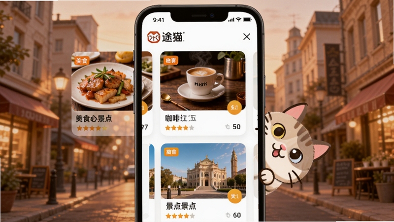 ;èapp�������Ƽ�ҳ�棬����չʾ�ֻ���������������ʳ�����ȡ�������Ƽ���Ƭ��ÿ�ſ�Ƭ���о�������ͼ�����ֱ�ǩ������Ϊ��ܰ��ůɫ�����н־���һֻ��ͨè����Ļ��Ե̽��ͷ���������Χ���ɻ��ã�����Booguģ�����ɡ�