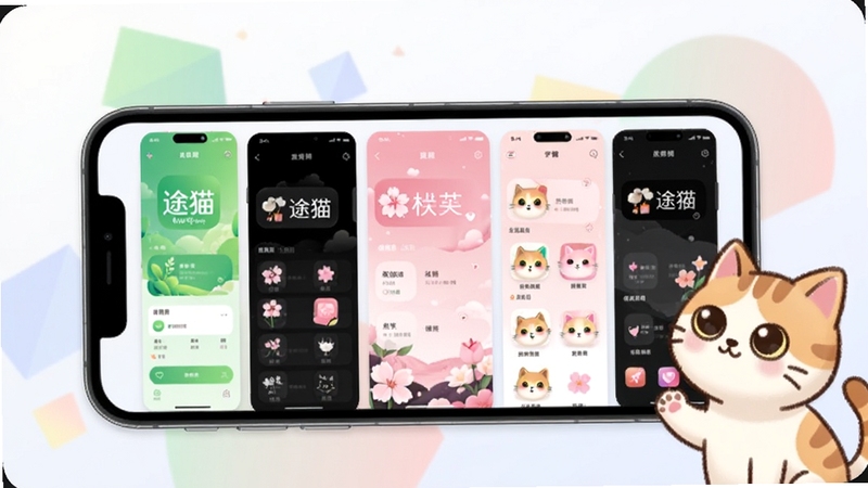 ;èapp���Ի������л����棬����չʾ�ֻ���Ļ�ж��ֲ�ͬ���Ľ���Ƥ������չʾ�����������̡���ҹ�ڡ�ӣ���۵ȣ�ÿ��Ƥ�����ж��ص�ͼ������ɫ������Ϊ��͵ĳ��󼸺�ͼ�Σ�һֻ��ͨè����Ļ�Ժ���ۿ�������Booguģ�����ɡ�