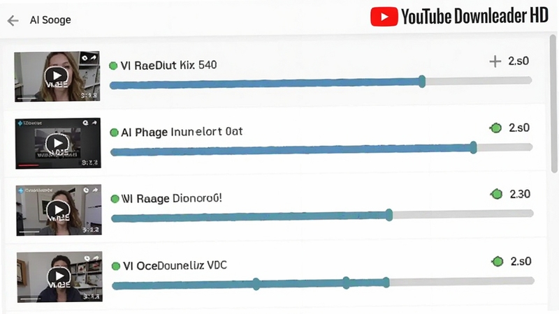 AI生图,YouTube Downloader HD 批量下载界面,画面中显示多个视频任务进度条并列排列,每个任务带有缩略图与状态标识,背景为浅灰色工作区,右上角有YouTube Downloader HD 标识,整体布局整洁,适配Boogu模型生成