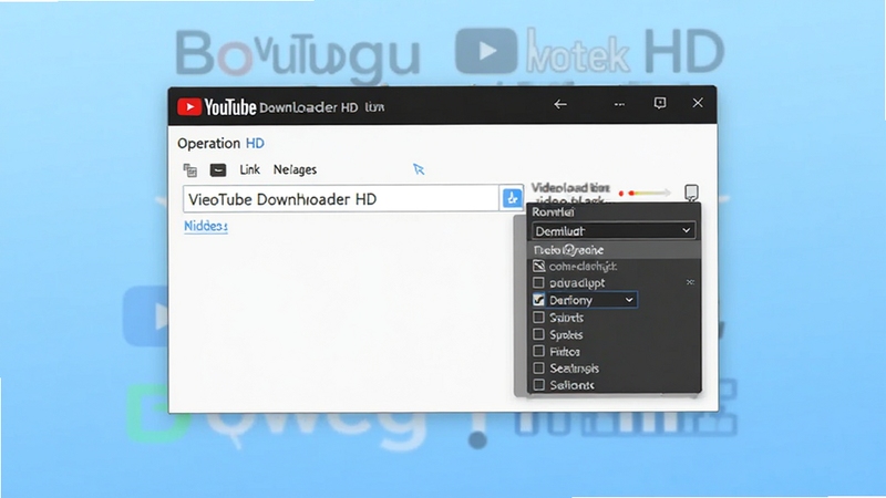 YouTube Downloader HD 软件主界面展示,画面中央为软件操作窗口,背景为浅蓝色渐变,窗口内显示视频链接输入框与下载分辨率选择菜单,整体风格简洁专业,适配Boogu模型生成
