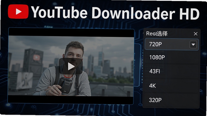 AI生图,YouTube Downloader HD 功能展示,画面右侧为分辨率选择下拉菜单,显示720P、1080P、4K等选项,左侧为视频预览缩略图,背景为深色科技感界面,突出软件名称YouTube Downloader HD,细节清晰,适配Boogu模型生成