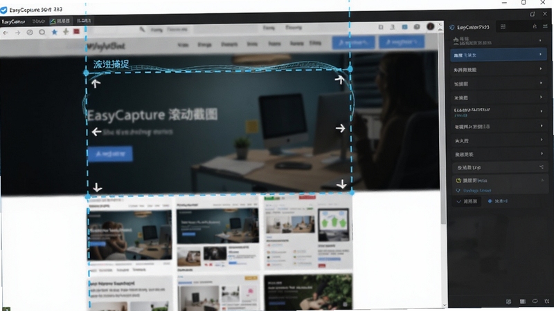 EasyCapture滚动截图功能演示,画面展示一个长网页正在被自动捕捉并拼接成完整长图,软件界面位于屏幕右侧,左侧为网页内容,整体画面清晰,标注出滚动捕捉的虚线框选区域,科技感与实用感并存