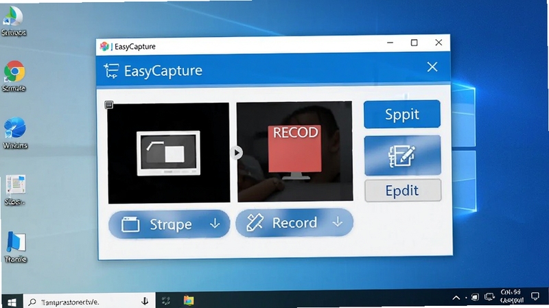 EasyCapture软件主界面全貌展示,画面中央为软件操作面板,背景为简洁的Windows桌面环境,面板上清晰显示截图、录制、编辑等功能按钮,整体风格现代简约,采用蓝白配色,高清晰度,适合软件下载站展示