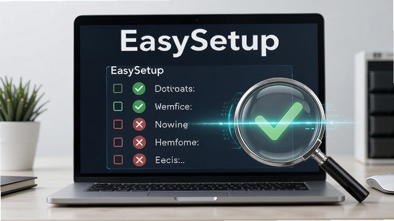 EasySetup 一键环境检测功能界面,画面中一台笔记本电脑屏幕显示绿色对勾与红色叉号组成的检测清单,旁边有放大镜扫描光效,背景为整洁的办公桌面,突出 EasySetup 名称与自动化检测的科技感