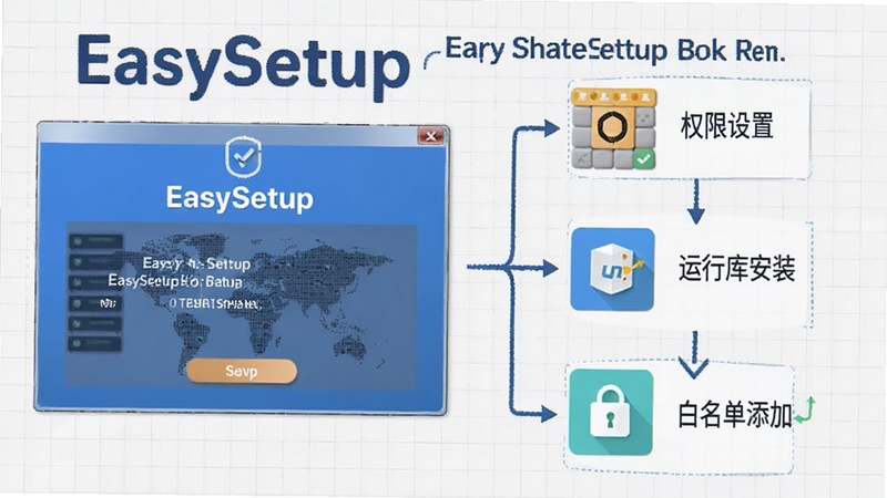 EasySetup 错误提示与解决流程示意图,画面左侧显示弹窗报错,右侧为分步骤解决图标,包括权限设置、运行库安装、白名单添加等,背景为浅灰色网格,突出 EasySetup 名称与问题排查主题