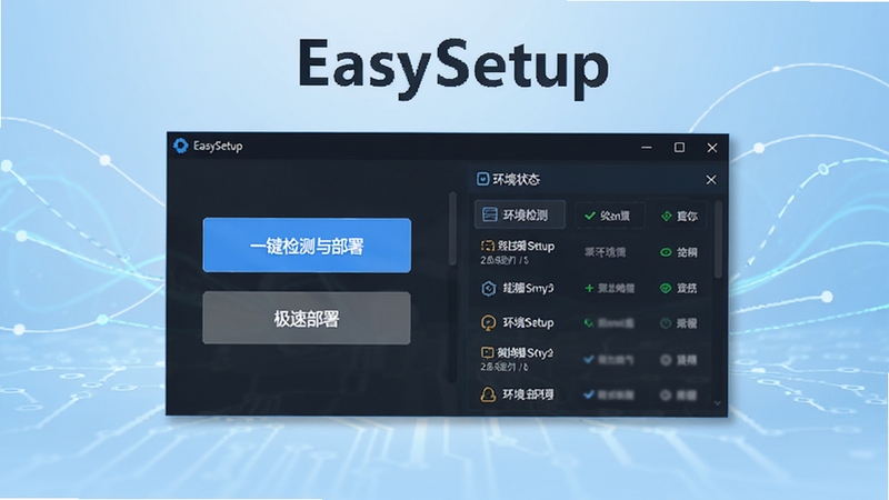 EasySetup 软件主界面全貌展示,画面中央为简洁的工具操作面板,左侧显示一键检测与部署按钮,右侧为环境状态列表,背景采用浅蓝色渐变科技风格,整体布局清晰,突出软件名称 EasySetup 与极速部署的核心定位,适合软件下载站展示用图