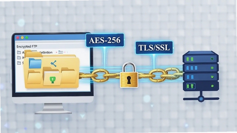 һ��չʾEncrypted FTP������������ֲ廭����������Ǳ��ص����ļ��У��Ҳ���Զ�̷�����ͼ�꣬�м�������һ���ɽ�ɫ��������ɫ������ɵļ���ͨ����ͨ���Ϸ�Ư����AES-256��TLS/SSL�ķ����ǩ�������Ǽ�Լ�ĿƼ���������������ɫ������������ǿ����ȫ���ӵ��ȶ���