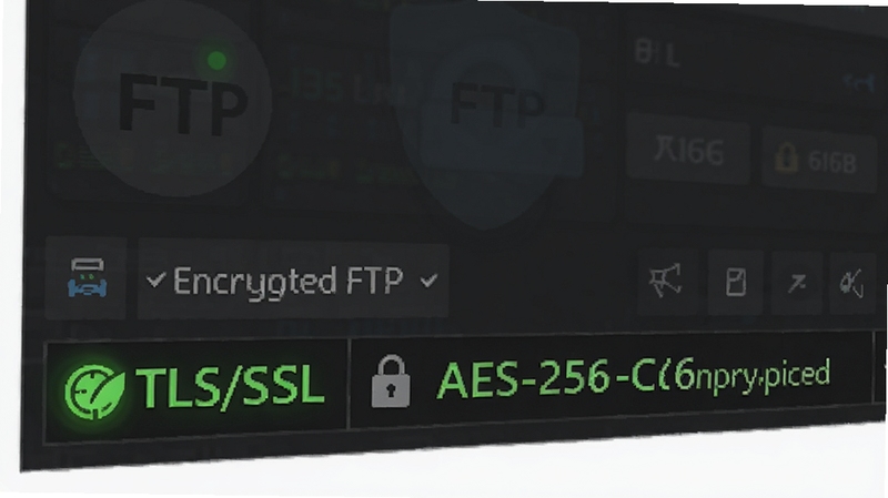 һ��Encrypted FTP��������ʱ�ľֲ���ͼ���廭���ص�չʾ�ײ�״̬������״̬������˸����ɫ��TLS/SSL���ӳɹ���ʶ��AES-256�����������Ա���΢С������ͼ�꣬��������ɫ��͸�����������棬��������������ͻ����ȫ״̬�Ŀ��ӻ�����