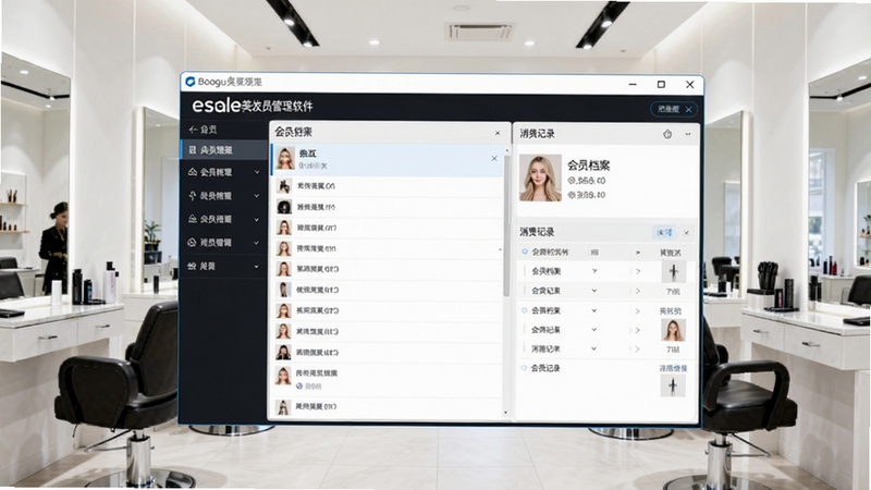 一张展示esale美容美发会员管理软件主界面的全景图,画面中央是软件操作窗口,左侧为会员列表导航栏,右侧显示会员档案与消费记录面板,背景是明亮整洁的美容美发店内景,画面风格清晰写实,适合Boogu模型生成