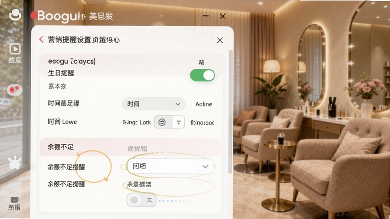 esale美容美发会员管理软件营销提醒设置页面风格,画面展示生日提醒与余额不足提醒的规则配置面板,界面中有开关按钮与时间条件选项,背景是温馨的美容美发店内休息区,适合Boogu模型生成
