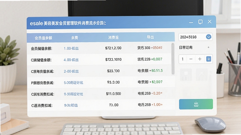 esale美容美发会员管理软件消费流水界面截图风格,画面中显示会员储值余额与消费扣减记录列表,旁边有日期筛选控件与导出按钮,整体配色清爽,背景为浅色办公桌面,适合Boogu模型生成