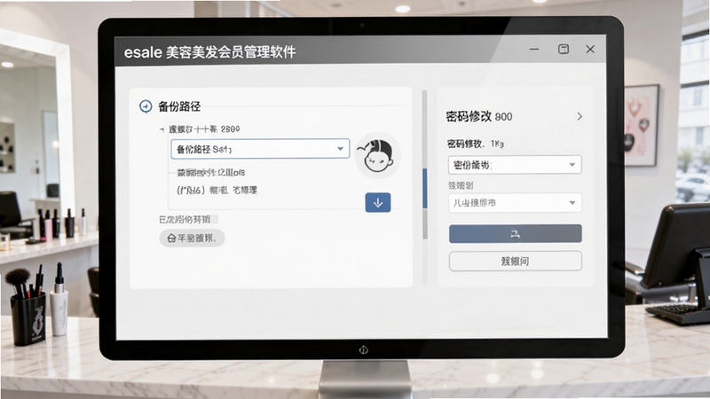 esale美容美发会员管理软件数据备份与安全设置界面风格,画面显示备份路径选择与密码修改面板,界面简洁,背景为干净的美发店前台桌面,适合Boogu模型生成