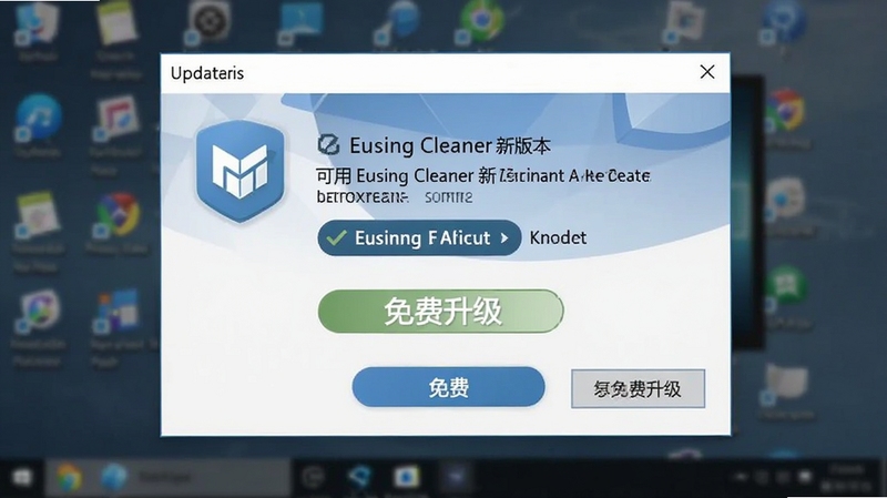 软件更新提示弹窗截图,显示 Eusing Cleaner 新版本可用,带有“免费升级”字样,背景是模糊的电脑桌面,弹窗设计简洁,蓝白配色,突出免费特性